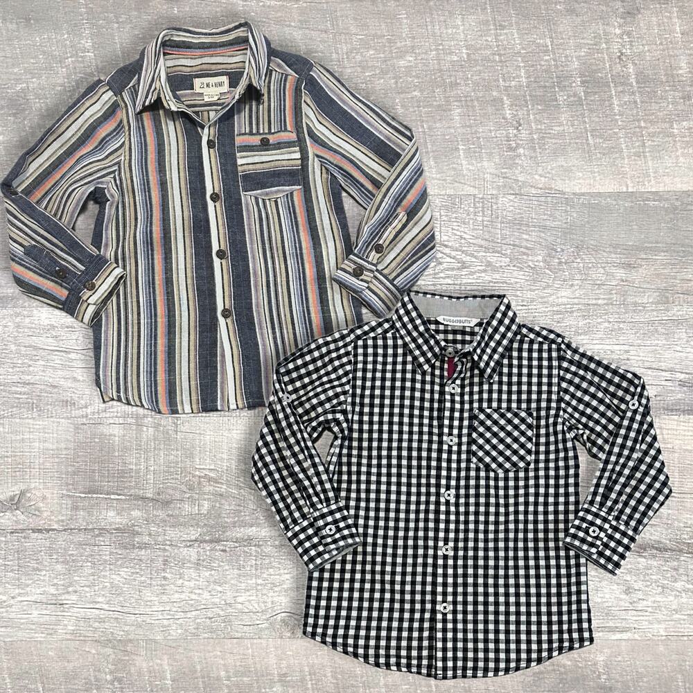 Bundle Long Sleeve Button Up Shirts (2) Boys 4T Striped & Plaid Check Cotton